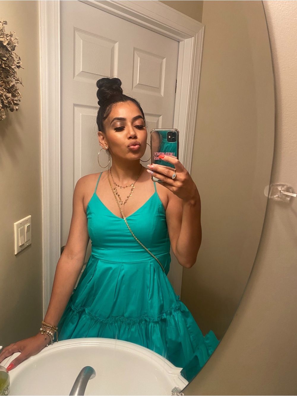 Fashion Nova Green Spaghetti-Strap Tiered Mini Dress
